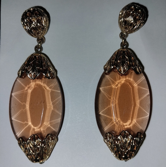 Napier Clip On Amber Vintage Drop Earrings with Gold Filligree Accents EUC - Picture 2 of 5